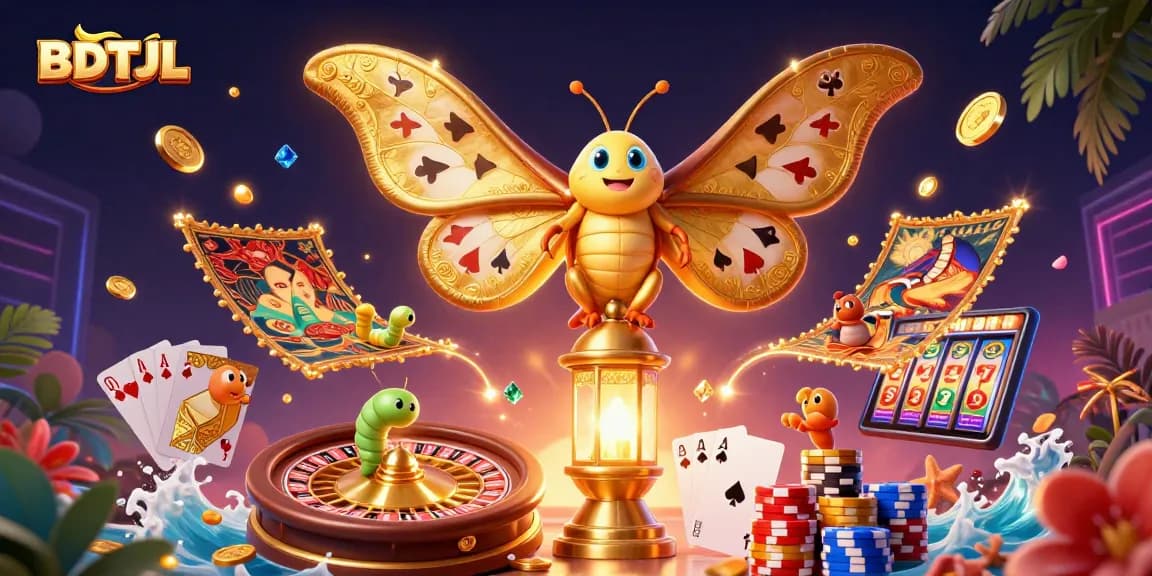 Engage with BDTJL's vibrant casino scene featuring 3D moths and golden treasures.