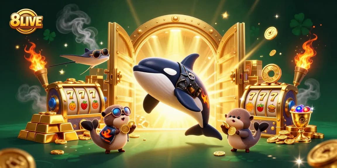 Experience thrilling wins with 8LIVE as the orca rides through a vibrant casino adventure.