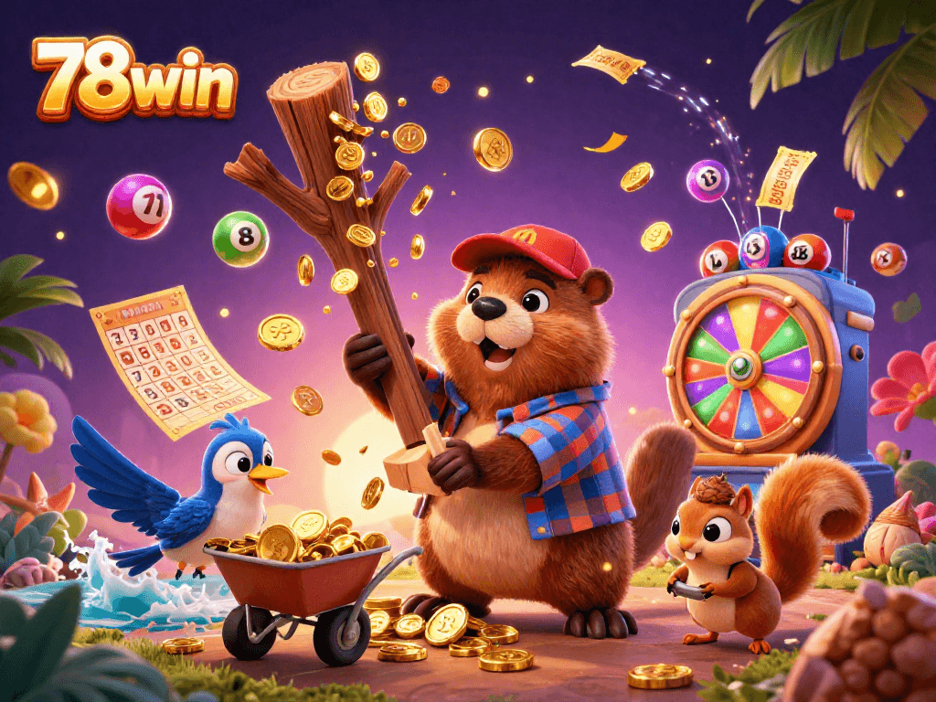 Engage in thrilling gaming with 78win, featuring a beaver and friends collecting golden coins amidst vibrant casino elements.