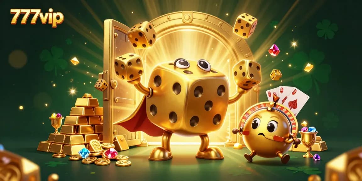 Experience the thrill of 777vip with dynamic golden dice and casino elements in an engaging 3D scene.