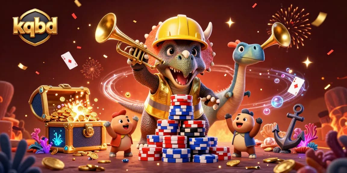 Celebrate kqbd with a vibrant scene showcasing a triceratops and friends building poker chips amid festive casino elements.