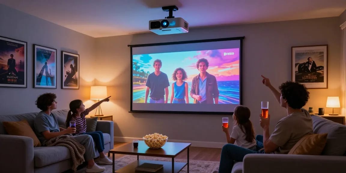 Family enjoying movie night with the best projector 2026 in a cozy home theater.