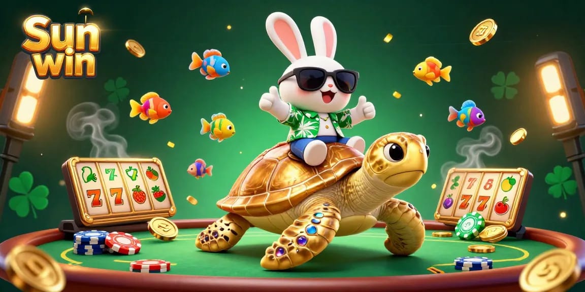 Experience thrilling fun in Sun win's vibrant casino scene with a lucky rabbit and golden turtle.
