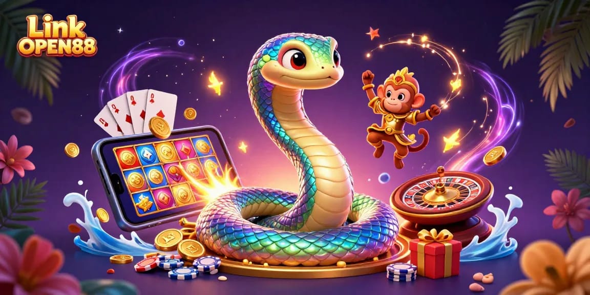 Play and win at Link OPEN88 with vibrant slots, a rainbow serpent, and a monkey king in action.