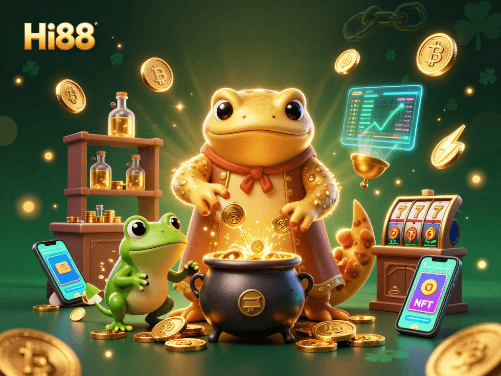 Engage with Hi88's thrilling gaming experience amidst a gold-transmuting alchemist and crypto elements.
