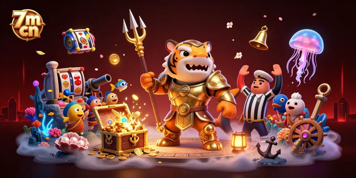 Engage with the thrilling underwater experience of 7m cn featuring a tiger shark in gladiator gear surrounded by slot game elements.