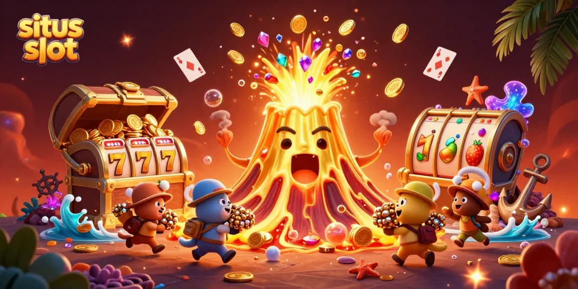 Experience situs slot action with a triumphant volcano erupting treasure in a dynamic casino scene.
