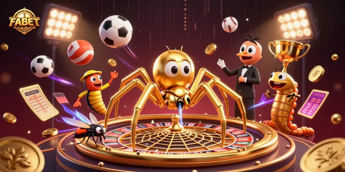 FABET's golden spider spins a roulette wheel, showcasing a vibrant betting scene.