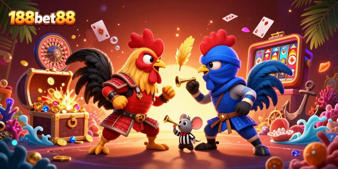 Engage in thrilling action with 188bet88 in this vibrant 3D casino scene featuring battling roosters.