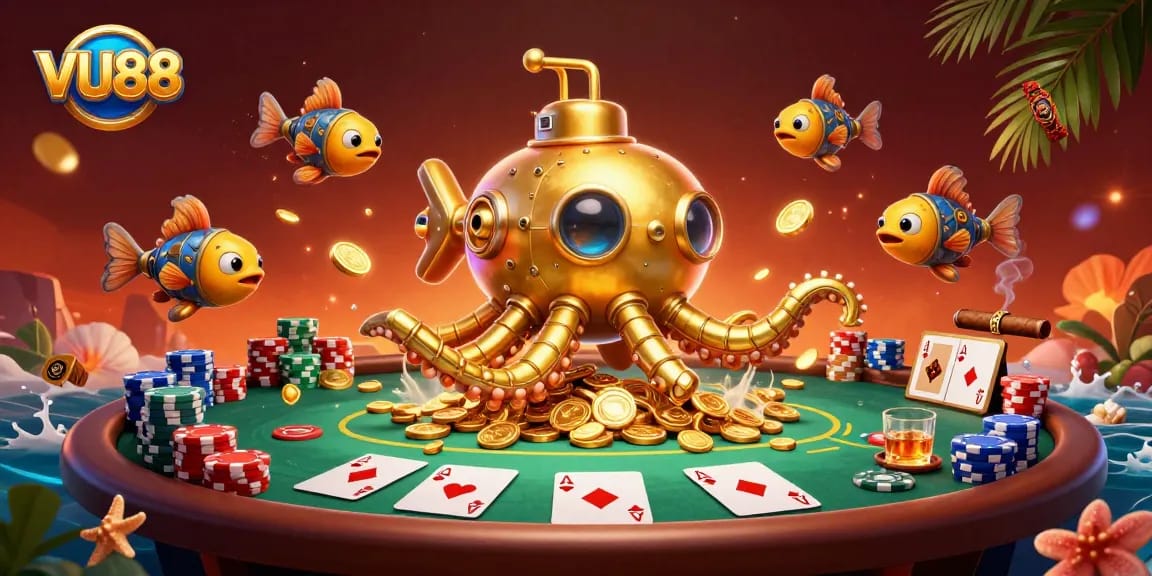 Experience VU88's thrilling gaming with a vibrant 3D illustration of a golden kraken submarine amid poker chaos.