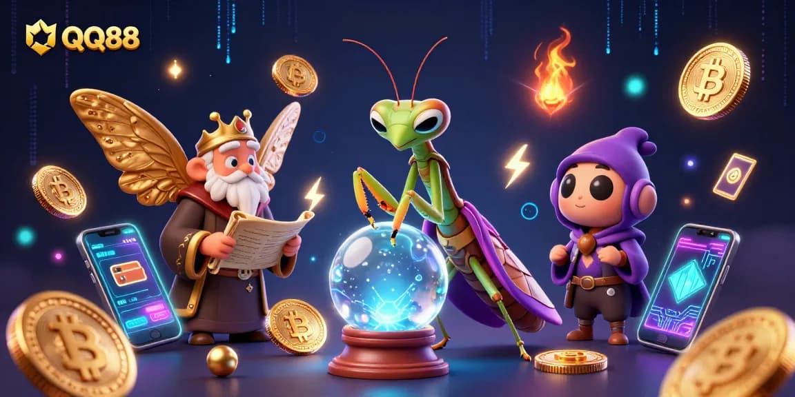 Unleash luck with QQ88 casino games, featuring a mystical scene with fortune teller and glowing crypto elements.