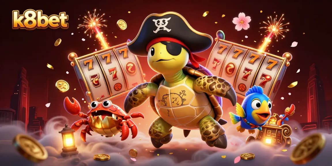 Join the excitement at k8bet with a vibrant 3D casino scene featuring playful characters and slot elements.
