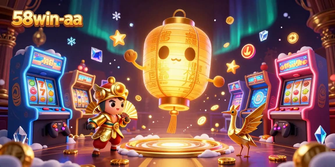 Experience 58win-aa's stunning casino world filled with golden lantern spirits and arcade excitement.