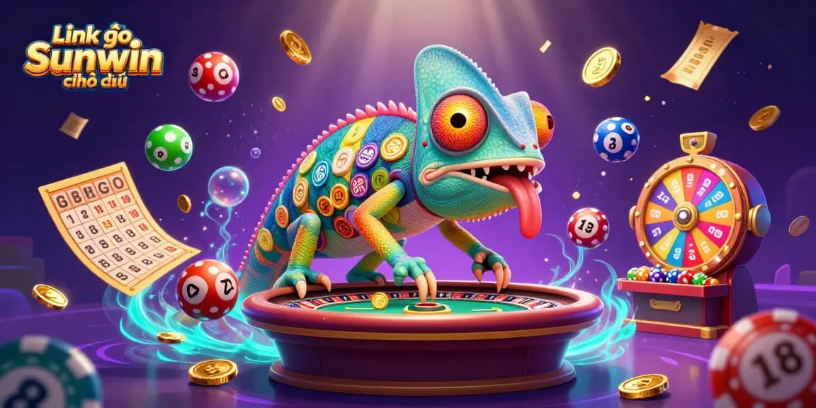 Engage with Link vào Sunwin chính thức at a vibrant casino scene featuring dynamic game elements and a colorful chameleon.