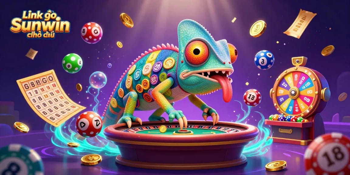 Engage with Link vào Sunwin chính thức at a vibrant casino scene featuring dynamic game elements and a colorful chameleon.