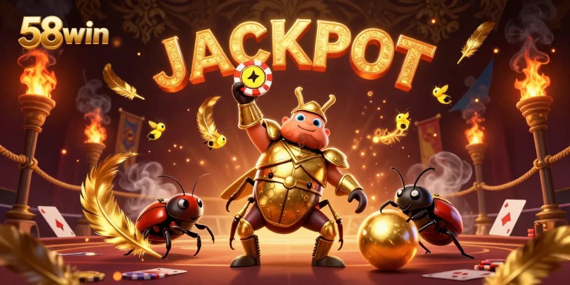 Experience the thrill of winning at 58win with a victorious beetle lifting a poker chip!