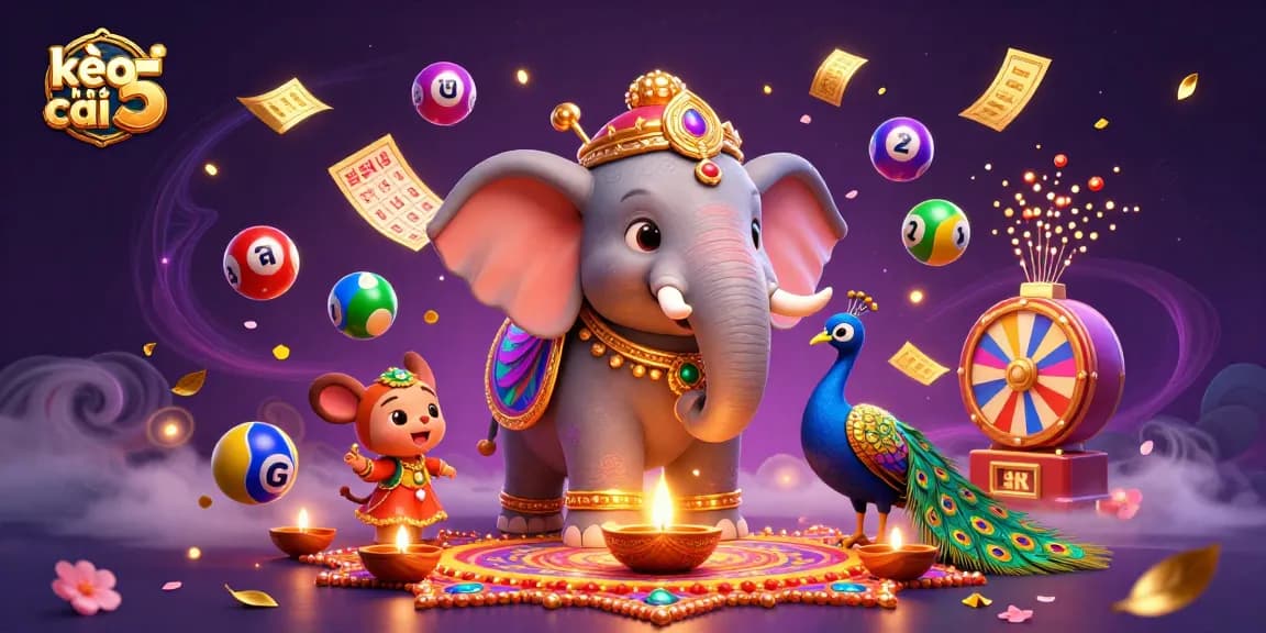 Engage with kèo nhà cái 5 through an animated illustration showcasing festive elements and vibrant lottery dynamics.