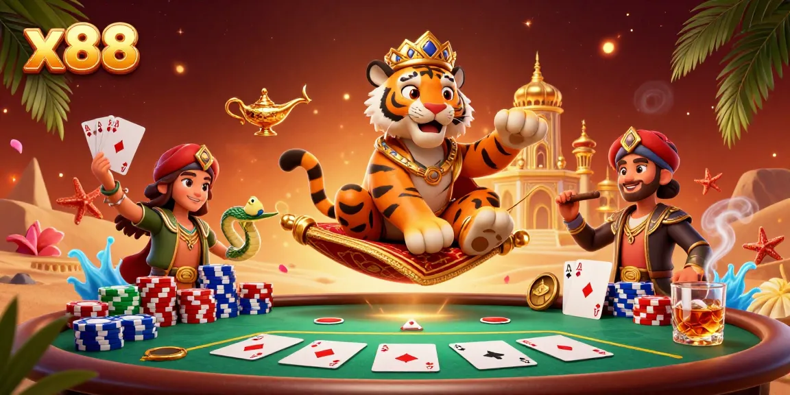 Experience x88's vibrant casino adventure with a sultan and joker in a colorful illustration.