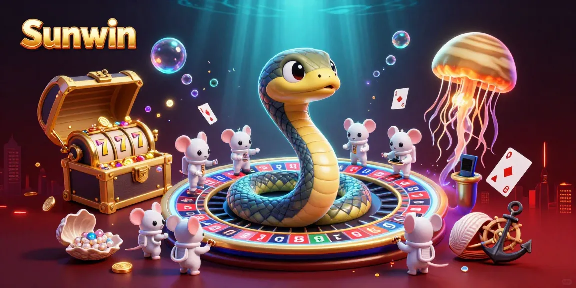 Experience the thrill of Sunwin with cartoon characters betting and winning in a cosmic casino scene.