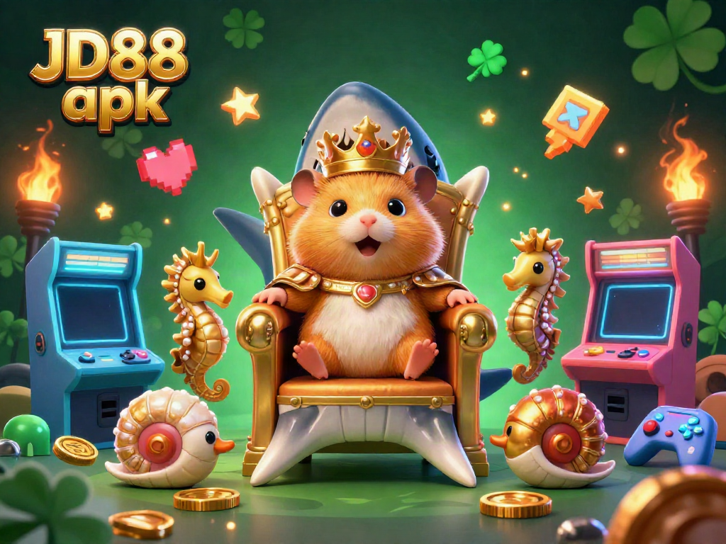 Witness the golden hamster king on his megalodon throne amid vibrant gaming elements in JD88 apk casino.
