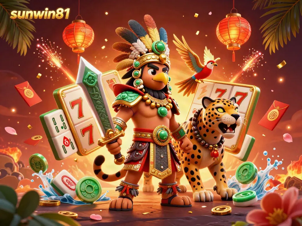 Experience vibrant gambling action with sunwin81 featuring slot reels, Aztec warriors, and festive decorations.