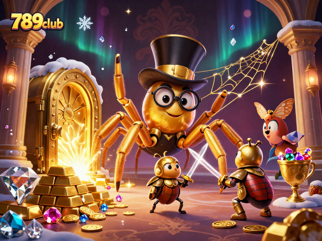 Engage with the vibrant world of 789club through golden treasures and playful characters in this stunning casino art.