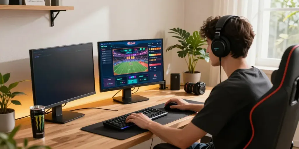 8kbet gaming enthusiast placing bets in a modern home office setup.