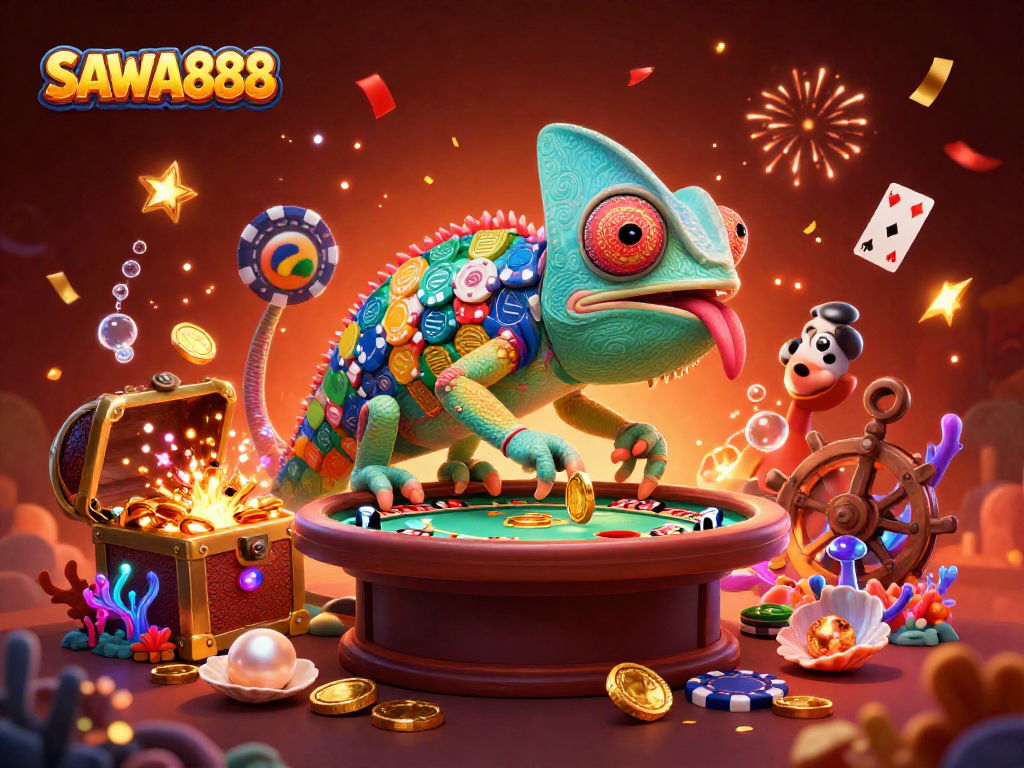 Experience thrilling gameplay at SAWA888, featuring vibrant scenes of casino excitement and animated chameleon.
