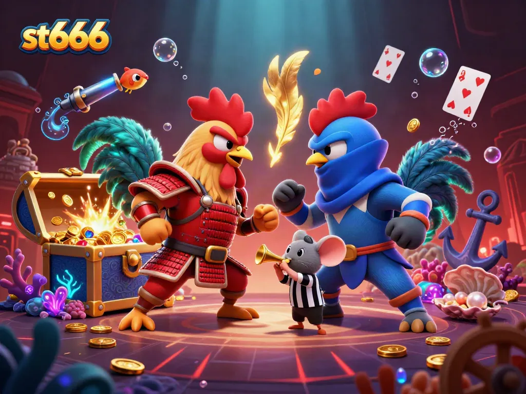 Experience thrilling st666 betting action with cartoon roosters battling in a lush casino scene.
