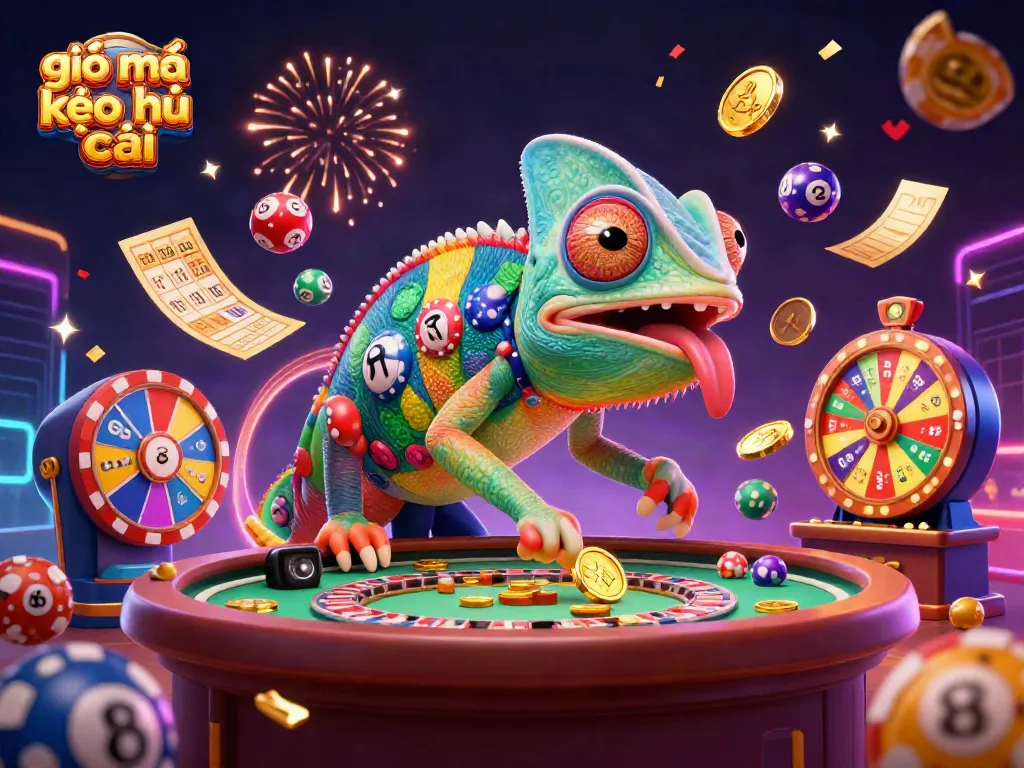 Experience giải mã kèo nhà cái with a vibrant chameleon casino owner collecting golden coins amid festive elements.