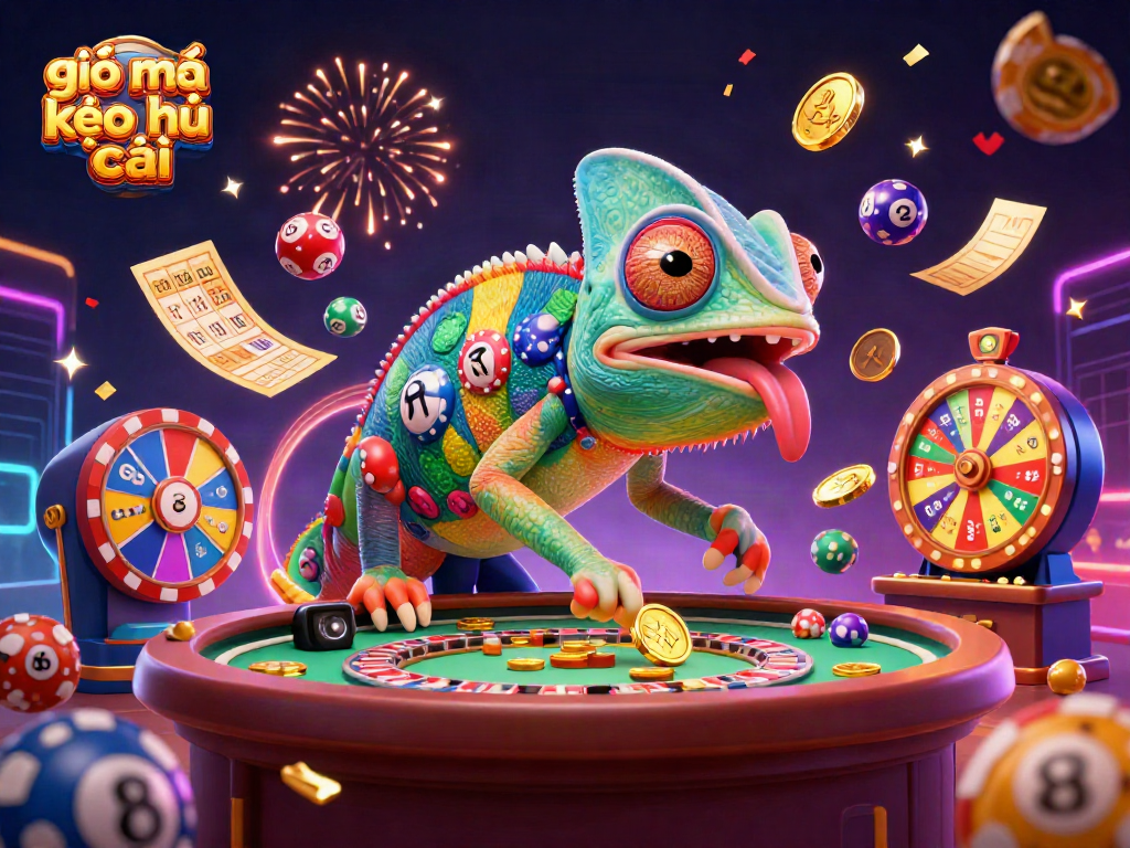 Experience giải mã kèo nhà cái with a vibrant chameleon casino owner collecting golden coins amid festive elements.