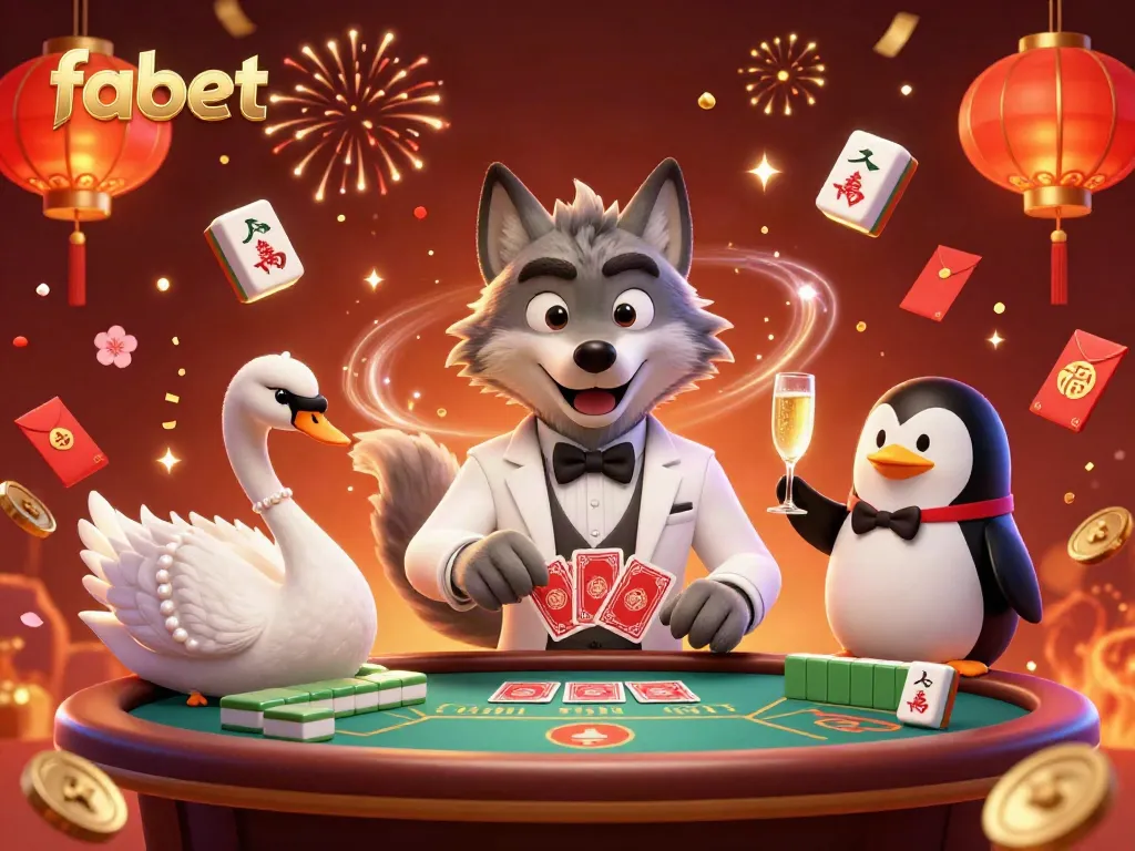 Experience the excitement at fabet with a wolf, swan, and penguin enjoying casino action.
