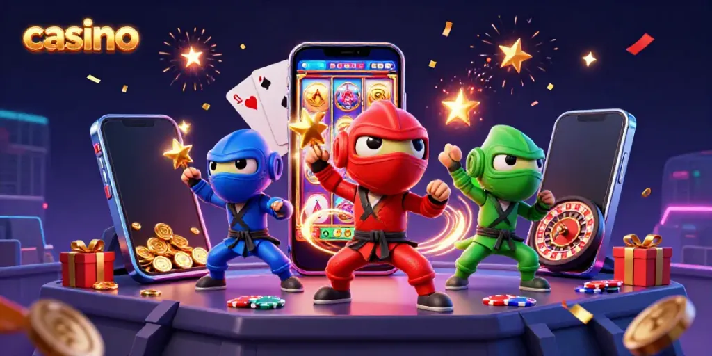 Engaging casino scene with a ninja chameleon team showcasing vibrant slot game elements.