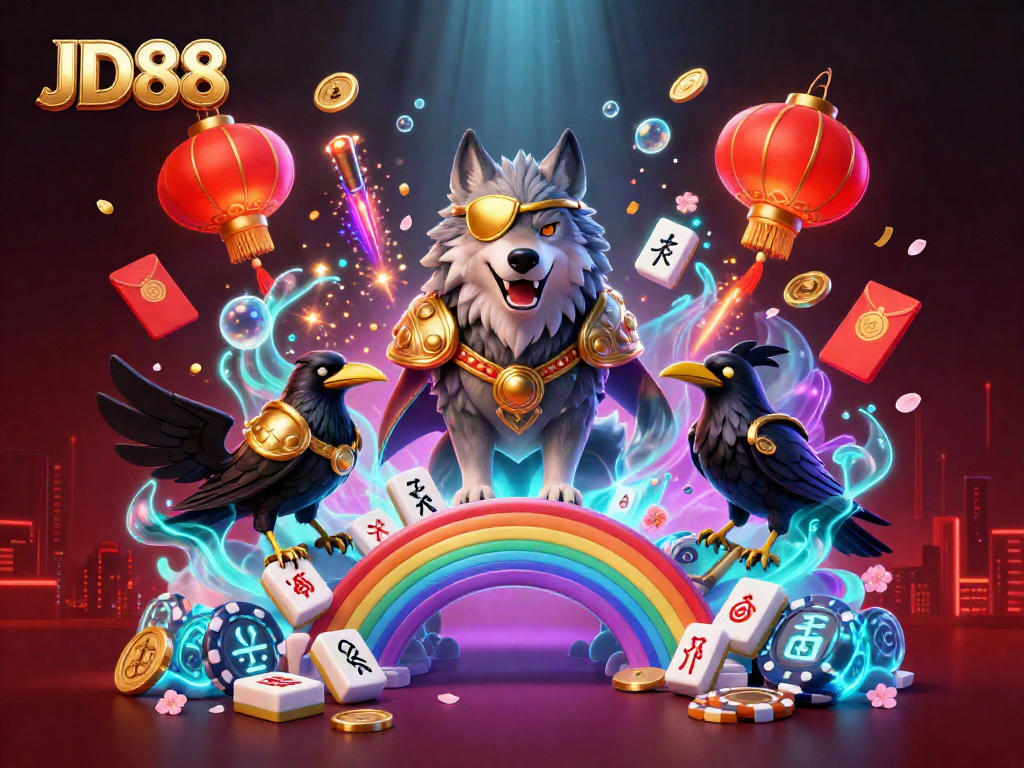 Experience JD88's captivating world with a majestic Odin wolf and golden ravens amidst vibrant casino elements.