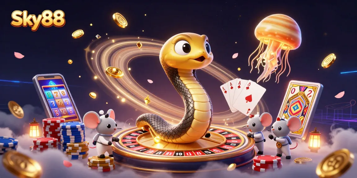 Experience thrilling bets at Sky88 with a cosmic casino scene featuring a roulette wheel and vibrant gaming elements.