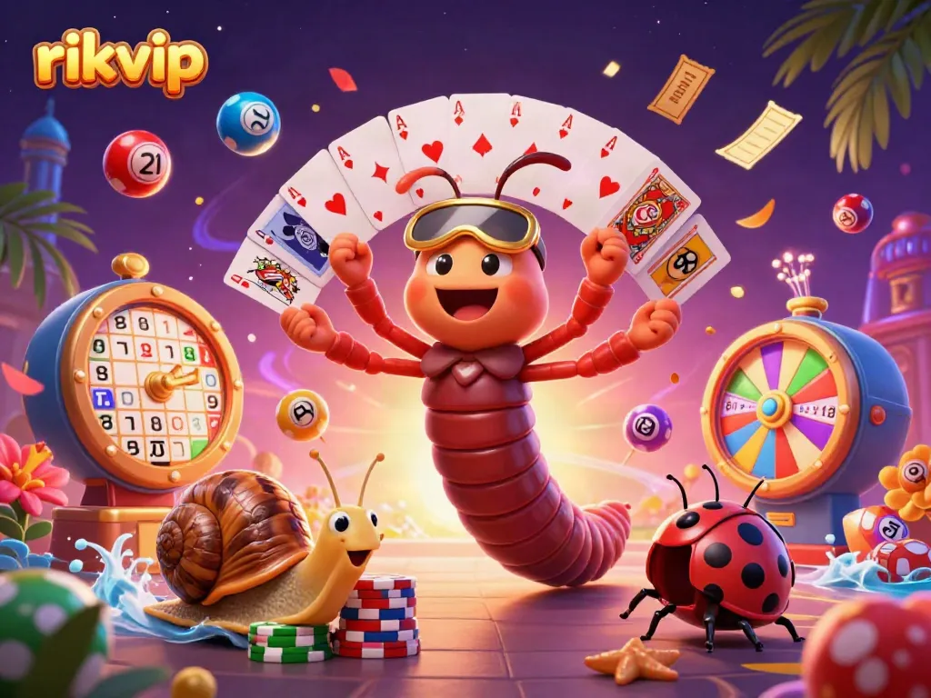 Experience thrilling gameplay at rikvip with vibrant casino characters, lottery elements, and dynamic action.