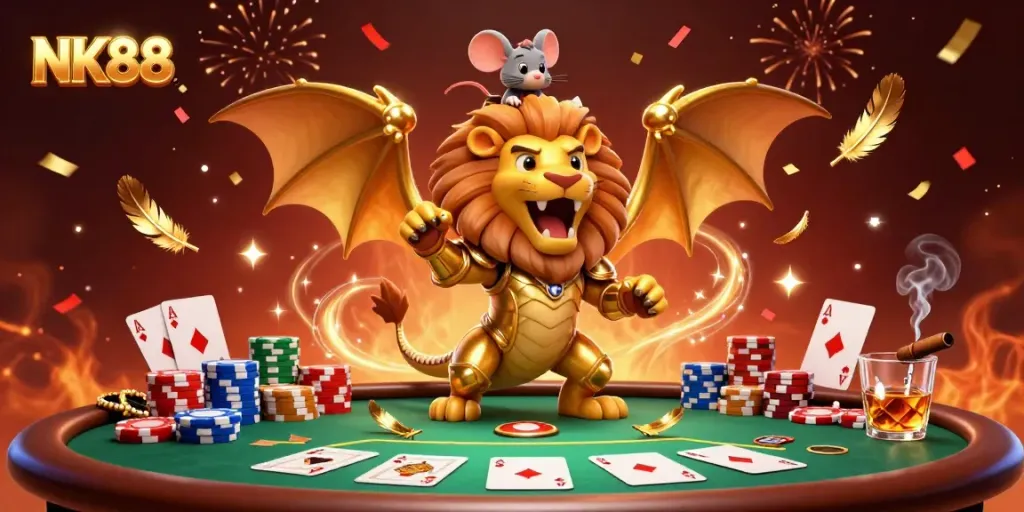 Engage with NK88's thrilling poker scene featuring dynamic gameplay elements and a triumphant golden chimera creature.