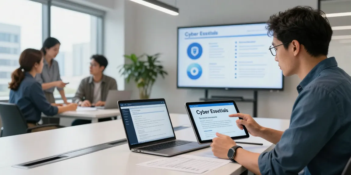 Cyber Essentials certification discussed in a modern office with team collaboration and digital tools for compliance.