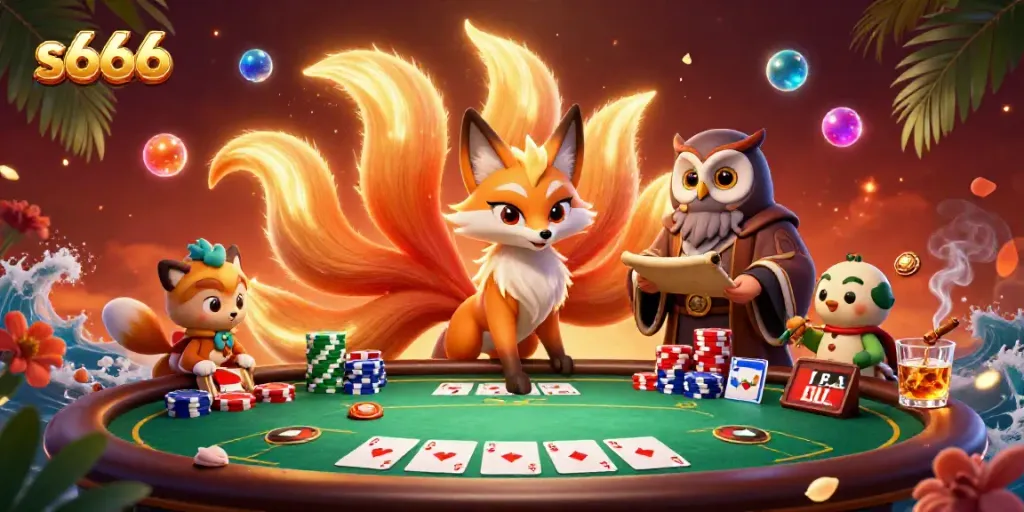 Experience the vibrant world of s666 poker with a colorful nine-tailed fox, wise owl, and dynamic gaming elements.