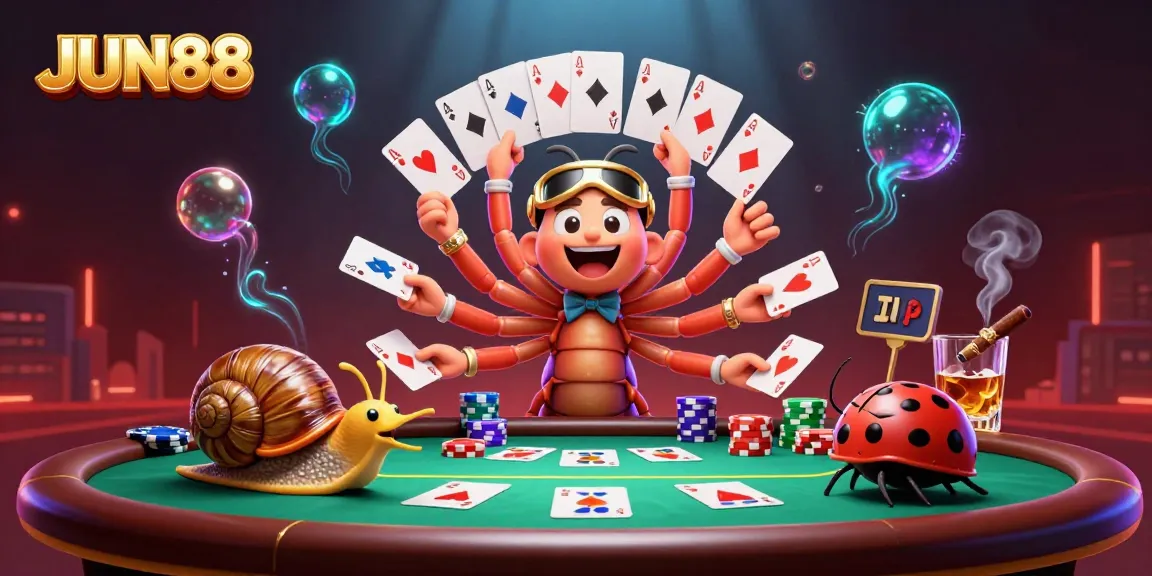 Experience thrilling gameplay with JUN88 at an intense poker table featuring animated characters and colorful chips.