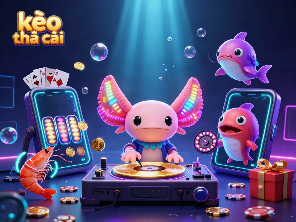 Experience kèo nhà cái with energetic axolotl DJ spinning reels amid glowing casino elements.