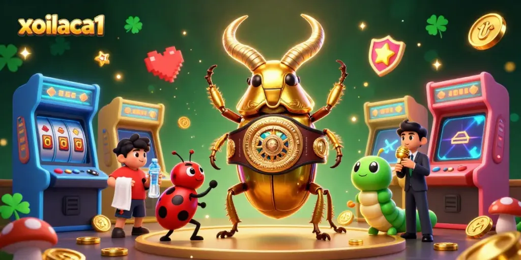 Engage with xoilaca1's vibrant casino atmosphere featuring cartoon characters battling among glowing gaming machines.
