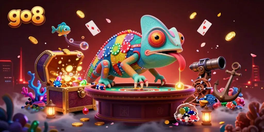 Engage with the vibrant go8 casino theme as a colorful chameleon owner captivates with gold coins and treasures.