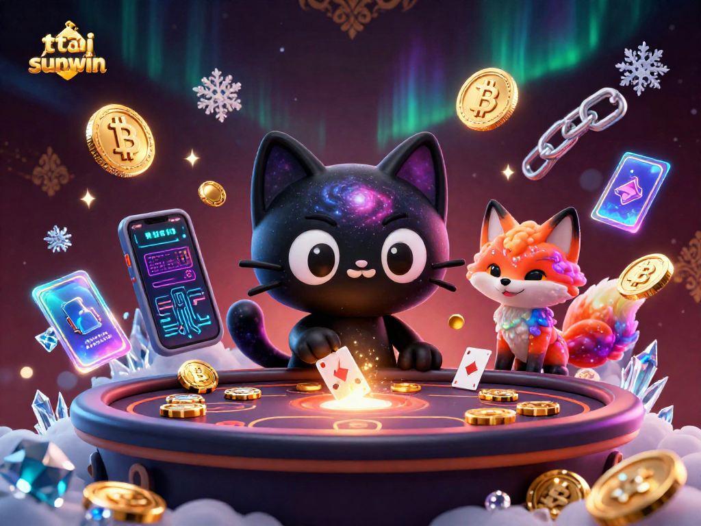 Play at tải sunwin with a cartoon black hole cat and nebula fox in a cosmic casino scene.