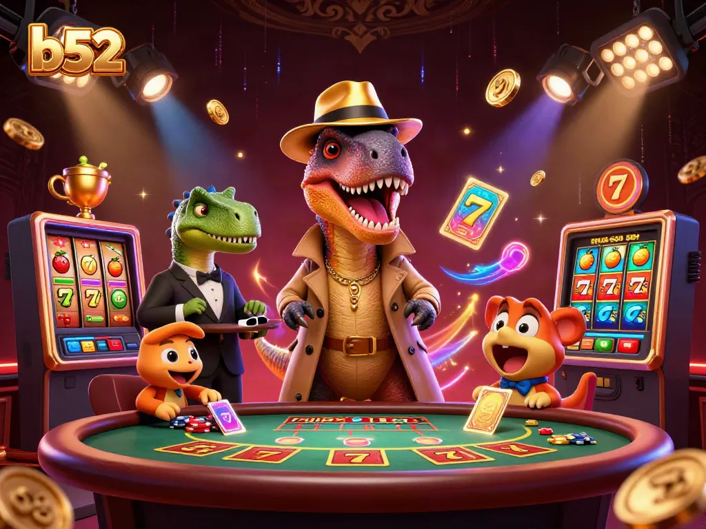 Velociraptor counter sneaks at a blackjack table in the thrilling b52 casino scene.