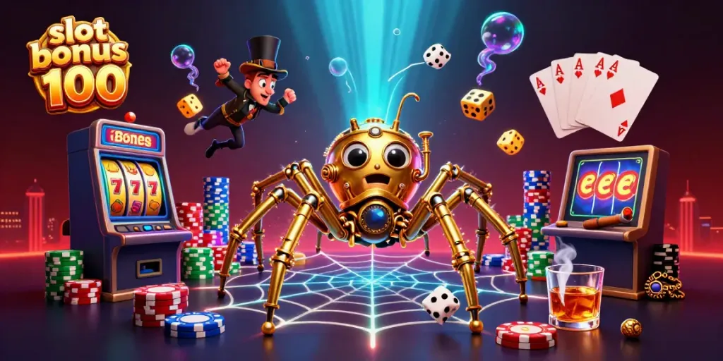 Engage in thrilling gameplay with slot bonus 100, featuring vibrant slot machines and a steampunk theme.