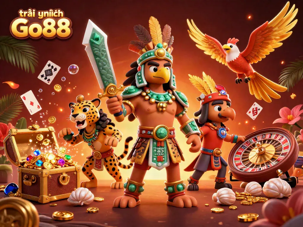 Unlock exciting gameplay with trải nghiệm Go88, featuring an Aztec warrior in a dynamic casino scene.
