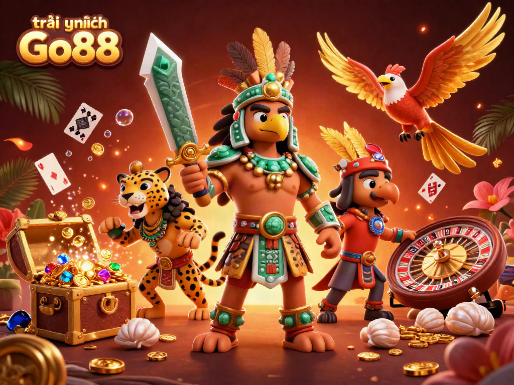 Unlock exciting gameplay with trải nghiệm Go88, featuring an Aztec warrior in a dynamic casino scene.