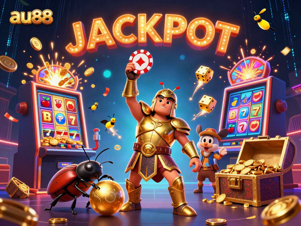 Experience a thrilling jackpot moment at au88 with animated characters and vibrant casino visuals.