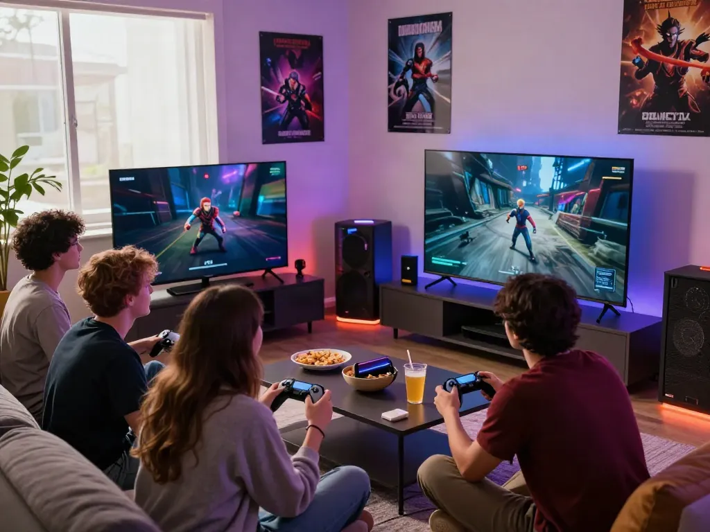 Exciting gaming moment with friends using https://debet.gb.net/ in a cozy living room.